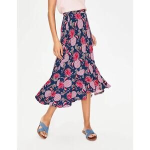 Boden Fluted Hem Jersey Knit High-Low Midi Skirt Pineapple Print Blue / Red 8